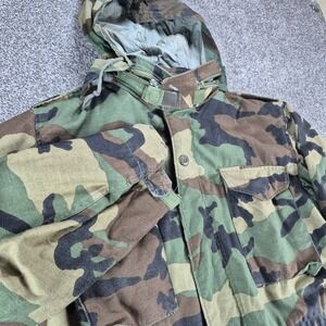 US Army Cold Weather Field Coat Mens Medium Long Woodland Camo Lined Hood